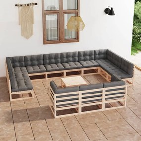 14 pcs conjunto lounge de jardim com almofadões pinho maciço