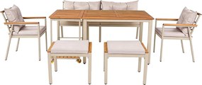 Conjunto de mesa de jantar e cadeiras para jardim 6-7 lugares, móveis de jardim com poltronas e carrinho de refeições removível, Bege+Cor natural| AOSOM Portugal