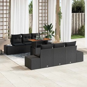 vidaXL Conjunto de Jantar de Jardim de 7 Peças com Almofadas Preto em Rattan Polipropileno e Acácia