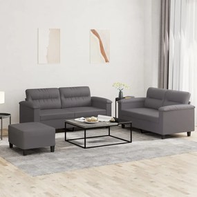 vidaXL 3 pcs conjunto de sofás c/ almofadões couro artificial cinzento