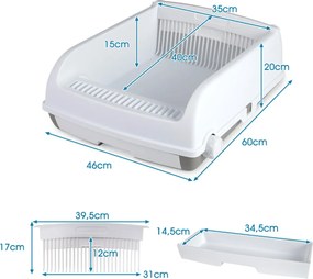 Caixa de areia semiautomática para gatos 60 x 46 x 24 cm com tampa aberta e laterais altas; banheira para gatos com tabuleiro tipo gaveta, branca