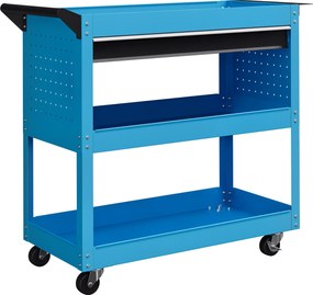 Carrinho de Ferramentas com 3 Bandejas e Gaveta Rodas com Travões Pega Lateral Painel Lateral Perfurado 82x35x76 cm Azul