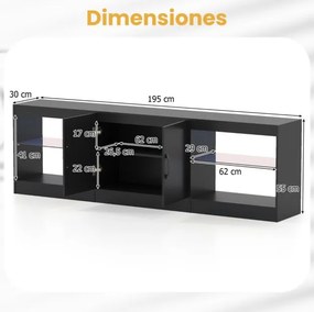 Móvel para TV até 85" com 195 x 30 x 55 cm de  3 em 1 com luzes LED e prateleiras de vidro ajustáveis Preto