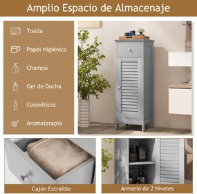 Armário de Casa de Banho de Chão com Gaveta e Porta de Persiana, 32 x 30 x 88 cm, Prateleira Ajustável, Cinzento