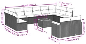 13 pcs conjunto sofás p/ jardim c/ almofadões vime PE cinzento
