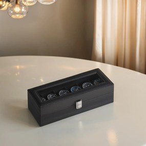 Caixa para relógios 20,2 x 25,5 x 7,8 cm com 6 compartimentos com tampa de vidro capa em preto + forro aveludado em cinzento