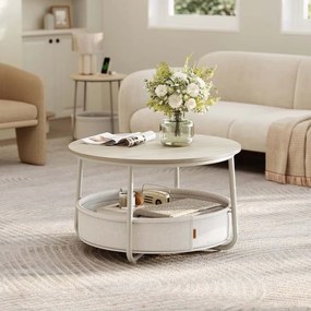 Mesa de centro redonda com cesto em tecido 75 x 45 cm bege natural + branco creme