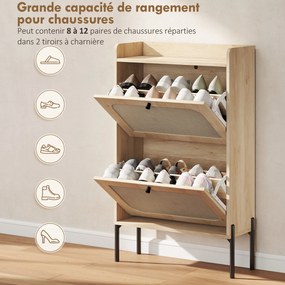 Sapateira com capacidade para 12 pares, 60 x 23,7 x 99,5 cm, 2 gavetas rebatíveis, portas em rattan e prateleiras ajustáveis, cor carvalho