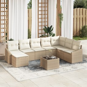 vidaXL Conjunto de Sofá de Jardim de 9 Peças com Almofadas Bege Rattan Poliéster