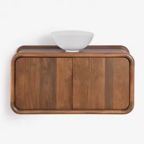 Conjunto De Móvel De Casa De Banho Suspenso 90x45 Cm Em Madeira De Manga Maupaul Madeira De Cabo Escuro & Cerâmica Branca Redonda Ø30 - Sklum