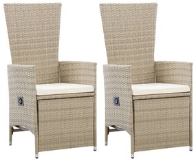 Cadeiras jardim reclináveis 2 pcs c/ almofadões vime PE bege