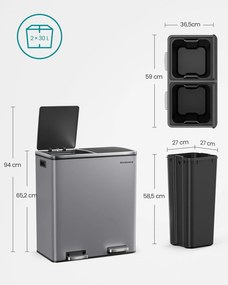 Caixote do lixo com 2 compartimentos e tampa articulada, 2 x 30 litros, 58,5 x 32 x 65 cm cinzento ardósia