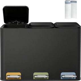Caixote de lixo 60,5 x 38,8 x 42,7 cm com 3 baldes internos de 15 litros, com pedal em aço Preto
