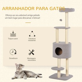 Arranhador para Gatos Altura 148 cm Arranhador para Gatos com Postes de Sisal 3 Plataformas Casa e Bola Suspensa Cinza