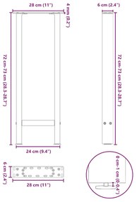 Pés de mesa de console em aço natural, 2 peças, 28x(72-73) cm, aço