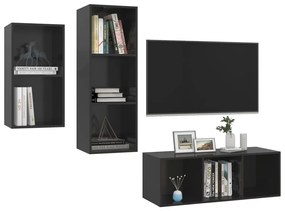 3pcs conjunto de móveis de TV derivados madeira preto brilhante
