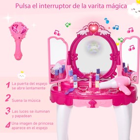 HOMCOM Conjunto de penteadeira para crianças acima de 3 anos penteadeira com banquinho música e iluminação espelho cosmeticos secador de cabelo esmaltes 45 x 30,5 x 72 cm