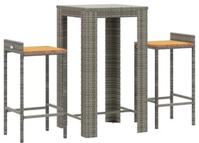 3 pcs conjunto de bar p/ jardim vime PE/acácia maciça cinzento