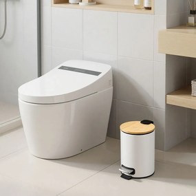 Caixote do lixo para casa de banho de 3 litros, com tampa de bambu, com pedal Branco
