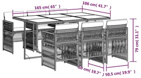 7 pcs conj. jantar p/ jardim c/ almofadões vime PE cinza-claro