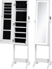 HOMCOM Armário para Joias de Pé com Luz LED e Espelho, 149 cm, Prateleiras, Fechadura, 3 Ângulos Ajustáveis, Branco | Aosom Portugal
