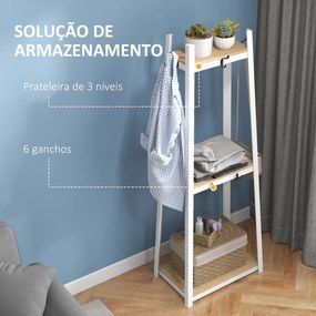 Suporte para Cabides de 3 Níveis Suporte para Cabides com 6 Ganchos e Prateleiras para Entrada Corredor 61x41x165 cm Natural