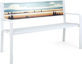 Banco de jardim de metal  com 2 lugares, encosto decorativo, assento com ripas e apoios de braços branco