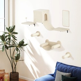 Conjunto de Prateleiras de Escalada para Gatos de 6 Peças com Placa para Arranhar e Poste de Sisal Bege