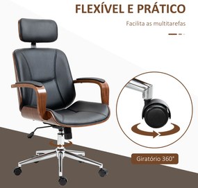 Vinsetto Cadeira de Escritório Operativa de Couro PU com Apoio para a Cabeça Amovível Altura Ajustável 63x62x110-120cm Preto e Madeira