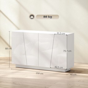 Aparador sala 150 x 40 x 88 cm com portas e prateleira ajustável, branco brilhante