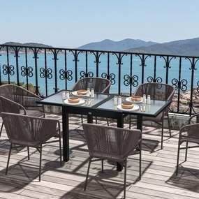 Mesa de jardim extensível dimensões quando aberta: 160 x 80 x 75 cm; estrutura em alumínio; tampo em vidro temperado transparente