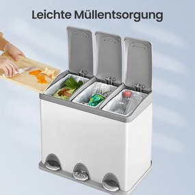 Caixote do lixo para cozinha 3 compartimentos x 8 L, 47 x 28,3 x 39,5 cm branco + cinzento