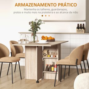 Mesa de Sala de Jantar Dobrável Mesa de Madeira com 2 Prateleiras de Armazenamento e Rodas para Cozinha 75x140x74 cm Castanho