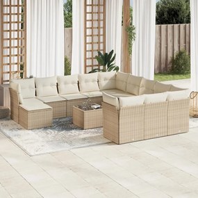13 pcs conjunto de sofás p/ jardim com almofadões vime PE bege
