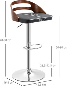 Conjunto de 2 bancos de bar, assento ajustável em altura, giratórios a 360°, revestimento sintético preto, encosto perfurado com efeito de madeira