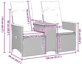 Sofá de jardim reclinável 2 lugares com mesa vime PE cinzento