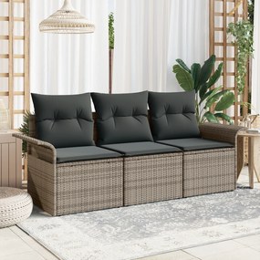 Conjunto de Sofá de Jardim de 3 Peças com Almofadas Cinza Rattan Polim