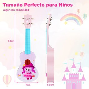 Ukelele de 21 polegadas para crianças infantil com 4 cordas de nylon e 12 trastes para iniciantes Instrumento musical rosa