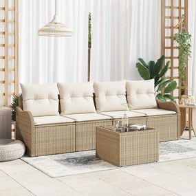 Conjunto de Sofá de Jardim 5 Peças com Almofadas Bege Rattan Sintético