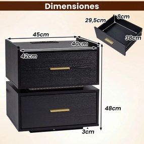 Conjunto de 2 mesas de cabeceira com estação de carregamento LED 45 x 40 x 48 cm, 2 gavetas, arrumação semi-suspensa e base metálica para sala ou quar