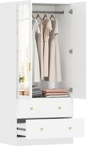 Guarda Roupa com 80x50x180 cm 2 Portas e 2 Gavetas Armário Roupeiro com Espelho Barra para Pendurar Estilo Moderno Branco
