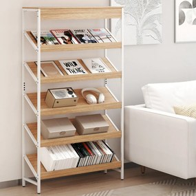 Estante de 6 níveis 90 x 30 x 161 cm inclinada com estrutura metálica resistente de madeira natural