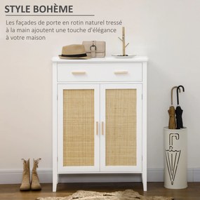 Sapateira com 2 portas com efeito de vime e gaveta, 80 x 35 x 110 cm, branco