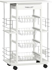 HOMCOM Carrinho Cozinha com Rodas 57x37x83cm Gaveta 4 Cestas de Metal e 4 Suportes para Temperos Laterais Branco | Aosom Portugal