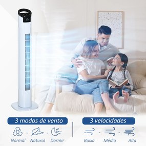 Ventoinha de Coluna 50W com Controlo Remoto 3 Velocidades Ecrã LCD Temporizador 7,5h e Oscilante 70° Ø20x78,5 cm Branco