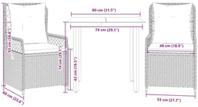 3 pcs conjunto de jantar p/ jardim com almofadões vime PE bege