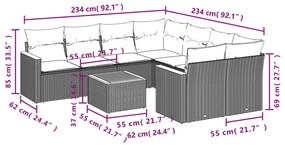 9 pcs conjunto de sofás p/ jardim com almofadões vime PE bege
