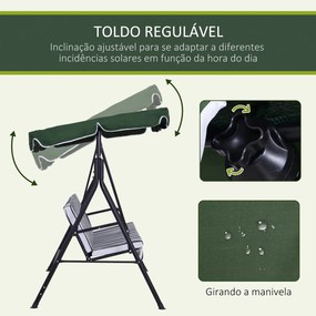 Baloiço de Jardim de 3 Lugares com Almofada Toldo Ajustável e Estrutura de Aço para Balcão Terraço 172x110x153 cm Verde