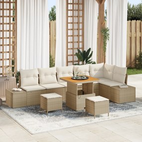 Conjunto de Sofá de Jardim vidaXL 9 Peças com Almofadas Bege Rattan Polimérico Acácia