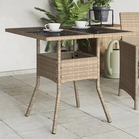 vidaXL Mesa de jardim com tampo de vidro 80x80x75 cm vime PE bege